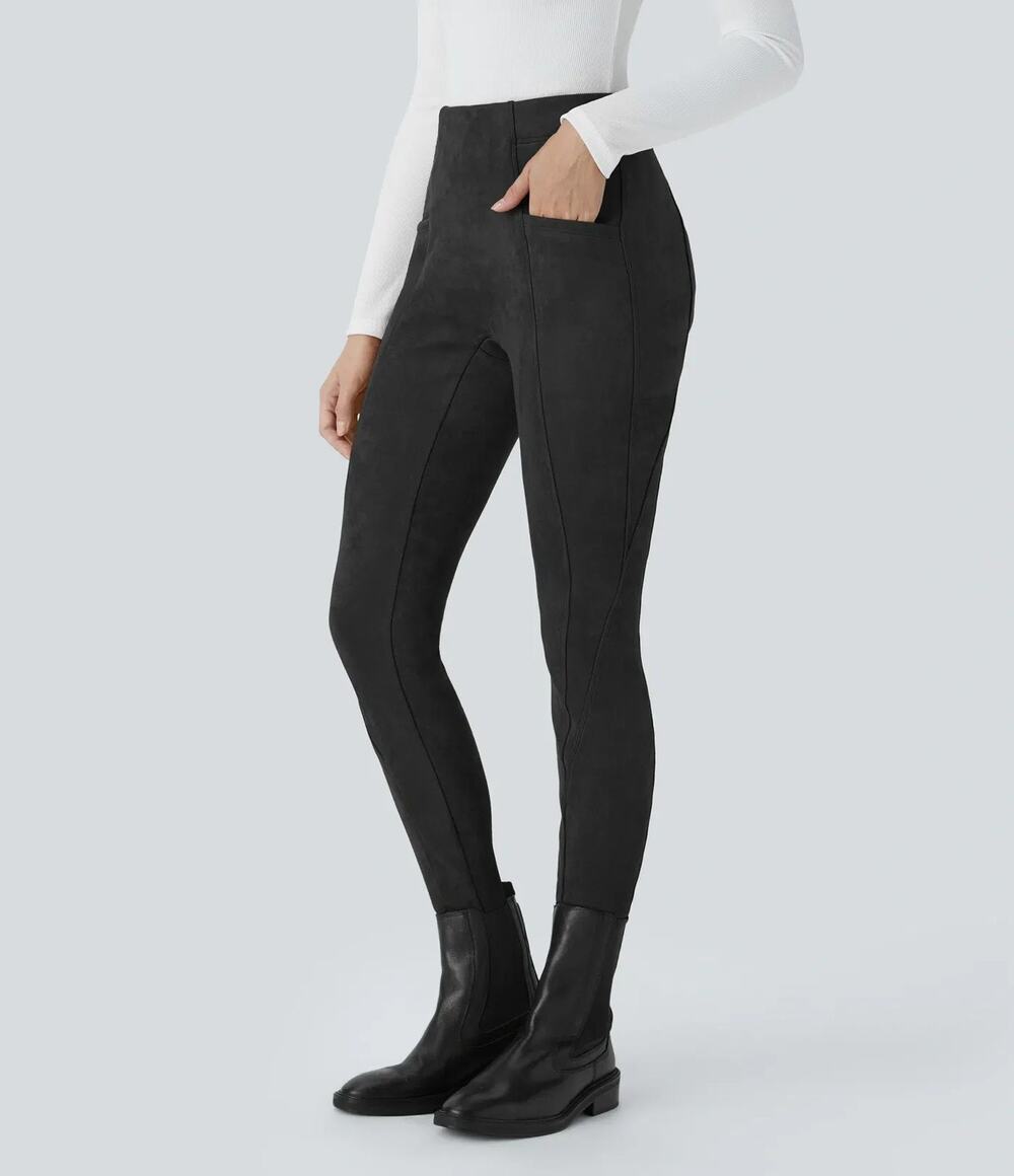 Halara Tummy Control Pants Size Small Black Faux Suede High Waist 7/8‎ Leggings